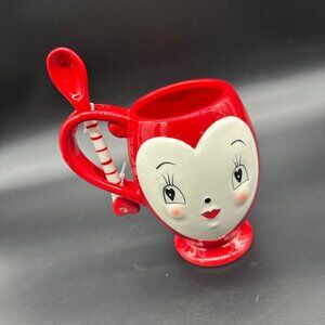Joanna Parker Valentine Heart Mug Spoon Kitsch Anthropomorphic Red White Ceramic
